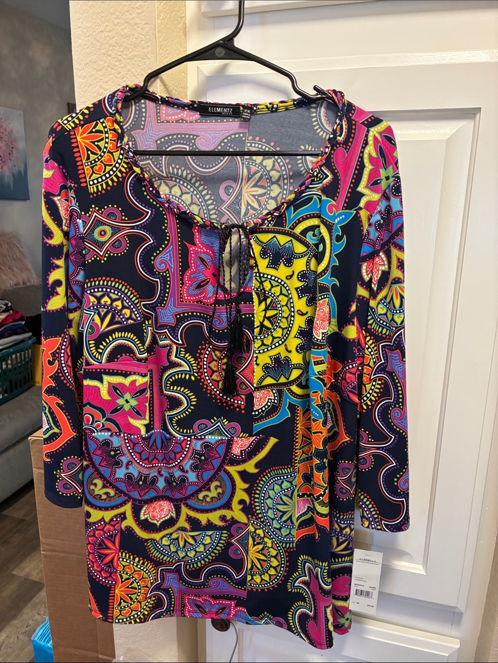 Elementz Navy Patterned Tie-Front top with Pink, Yellow & Blue Accents NWT